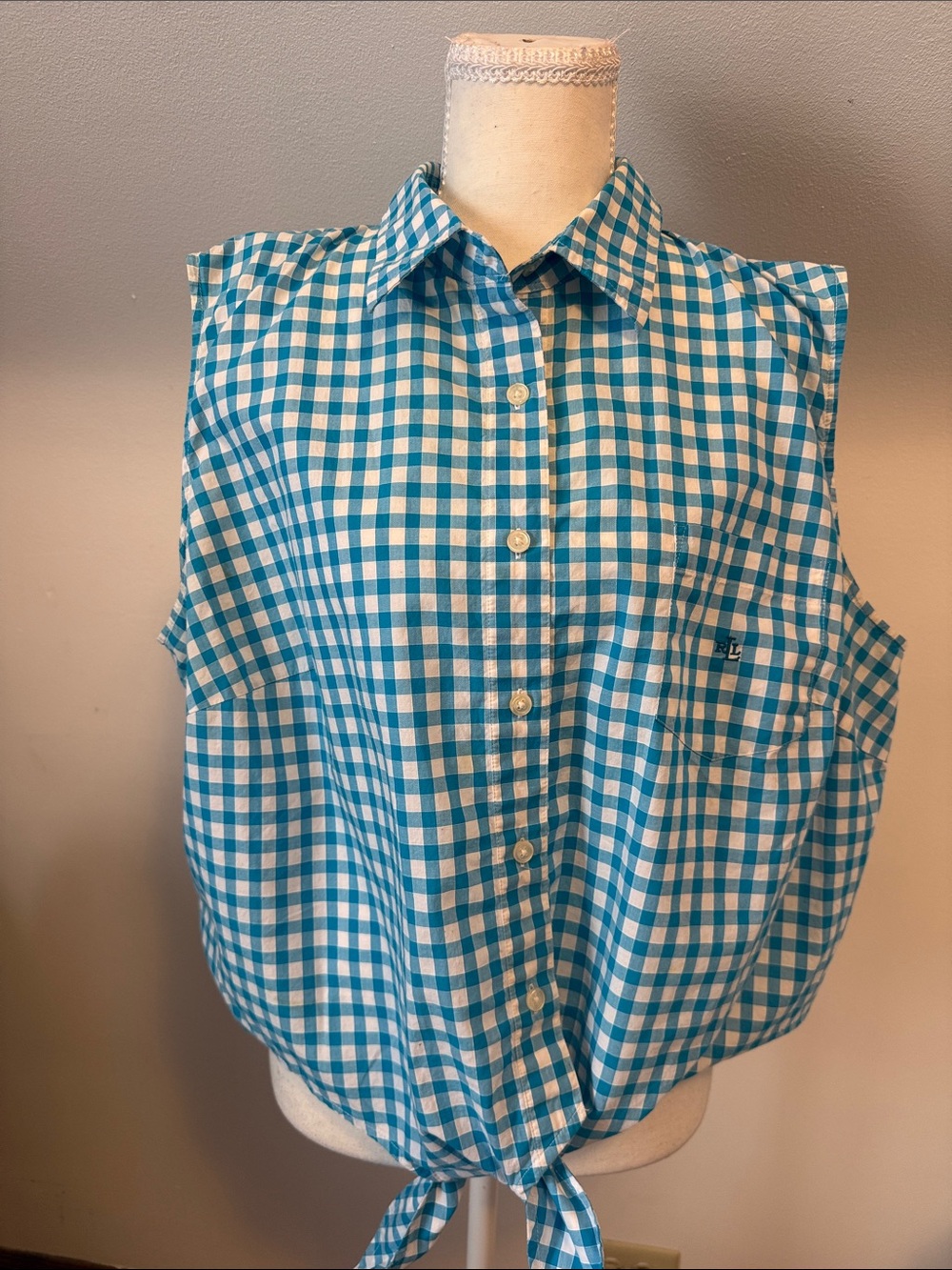Lauren Ralph Lauren Teal and White Gingham Tie-Front Button-Down